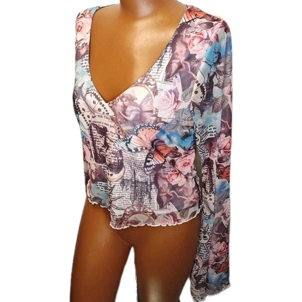 Thorn Fable Y2k Butterfly Top Junior XL Tattoo Art Sheer Mesh Flare Sleeve Fairy